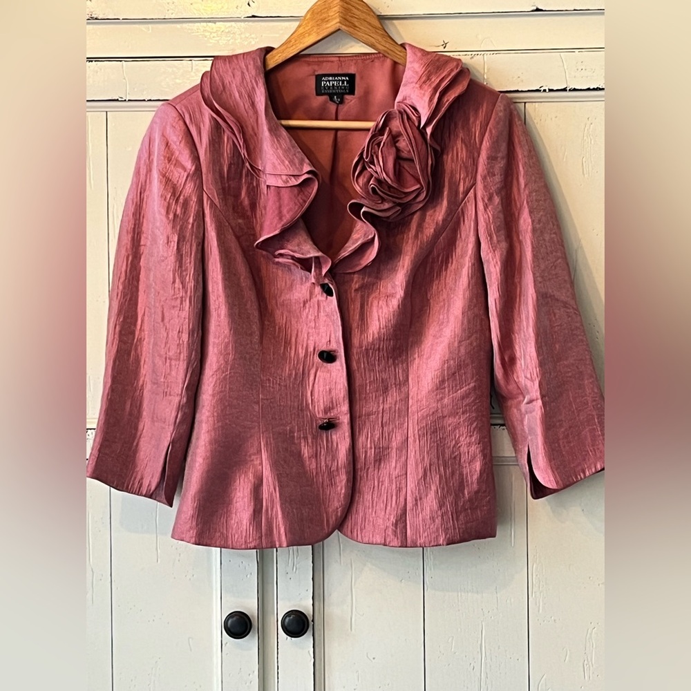 Metallic Rose Adrienne’s Papell Jacket Top With 3 Buttons Size 8